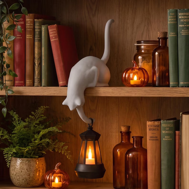 Black and White Cat-Shaped Book-Style Lantern Stand