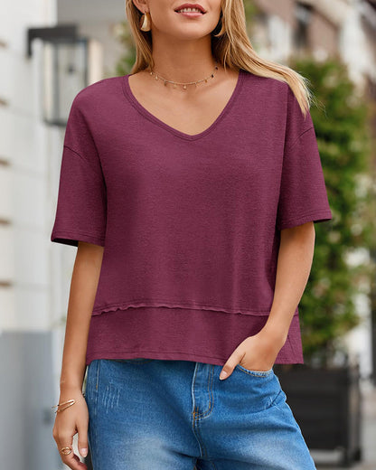 Womens Summer V-Neck Short Sleeve Loose Fit T-Shirt