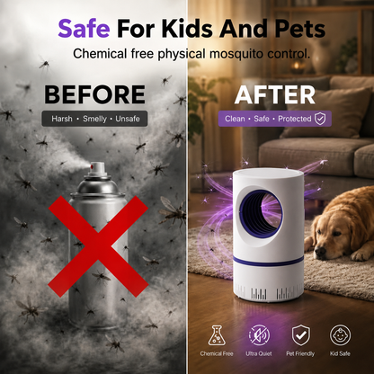 UV mosquito trap—ultra-quiet (30 dB), powerful suction, chemical-free, and safe for children and pets.