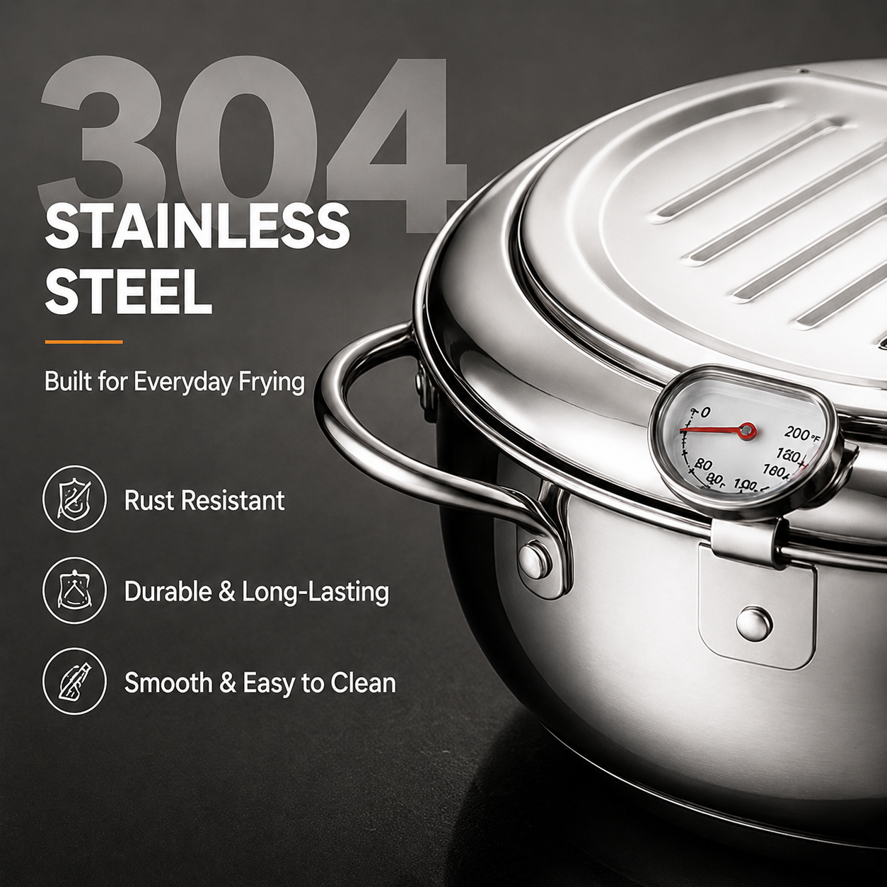 304 Stainless Steel Stovetop Deep Fryer Pot – With Thermometer