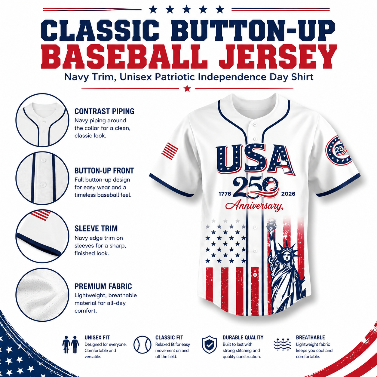 USA 250th Anniversary Baseball Jersey 1776–2026 Patriotic Shirt