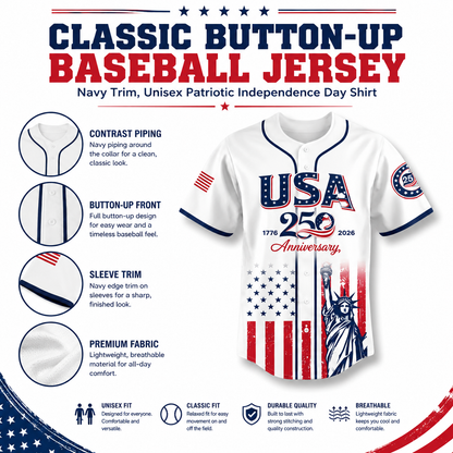 USA 250th Anniversary Baseball Jersey 1776–2026 Patriotic Shirt