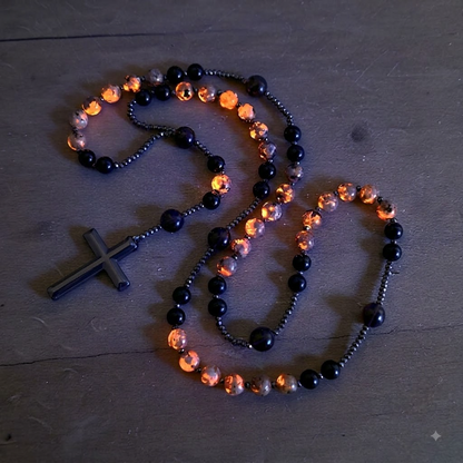 ✝️ Obsidian & Yooperlite Rosary Necklace – UV Glow Cross Jewelry ✨