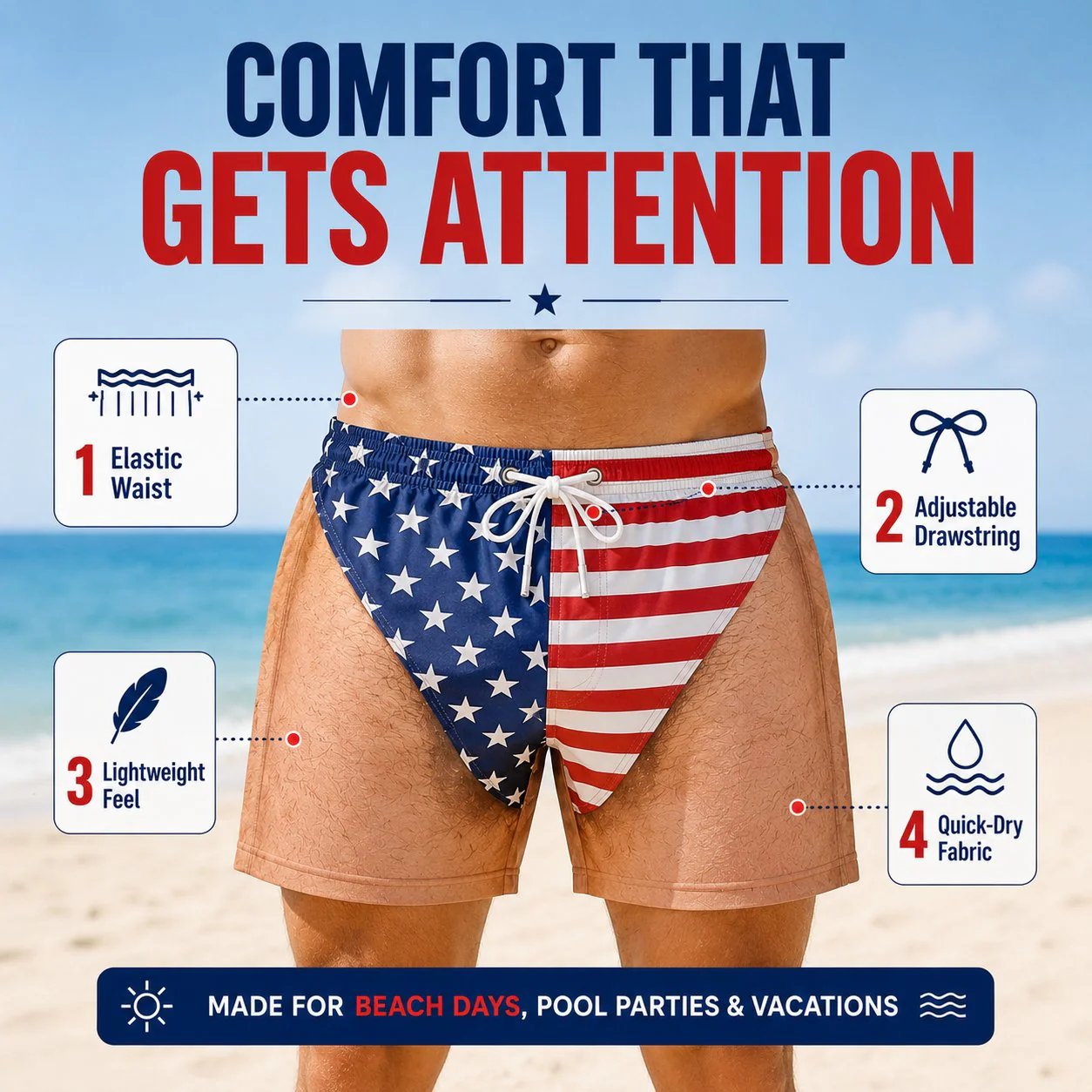 Funny Patriotic Men’s Swim Trunks – Freedom & Chill Summer Beach Shorts 🏖️