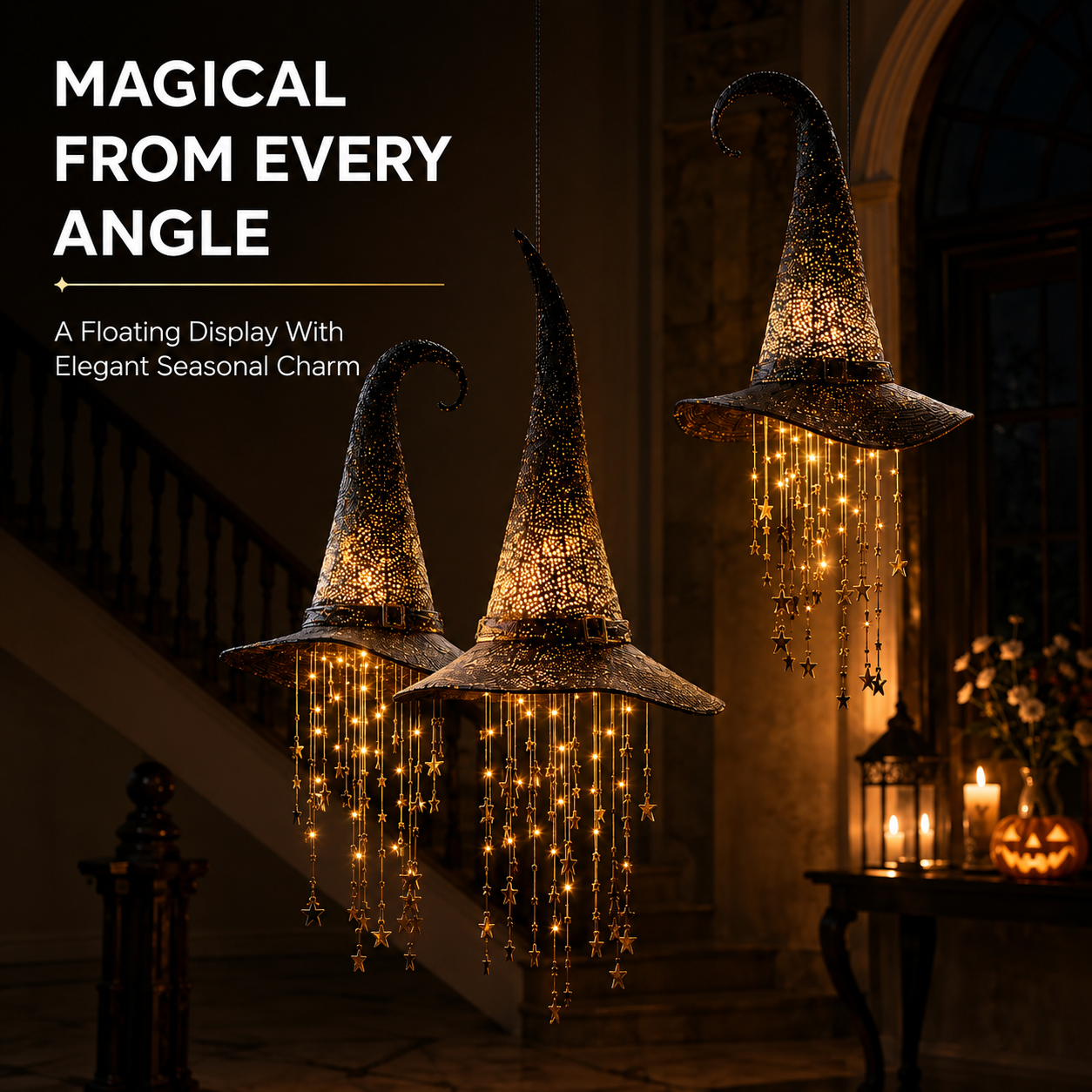 🧙‍♀️ Lighted Witch Hat Hanging Chime – Halloween Star & Moon Decor