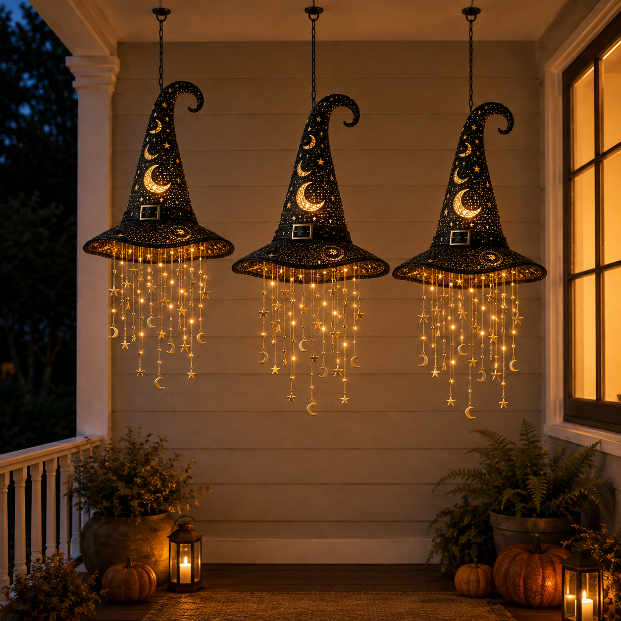 🧙‍♀️ Lighted Witch Hat Hanging Chime – Halloween Star & Moon Decor