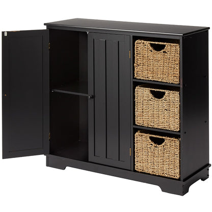 Beadboard Wooden Cabinet with 3 Storage Shelves and Cupboard