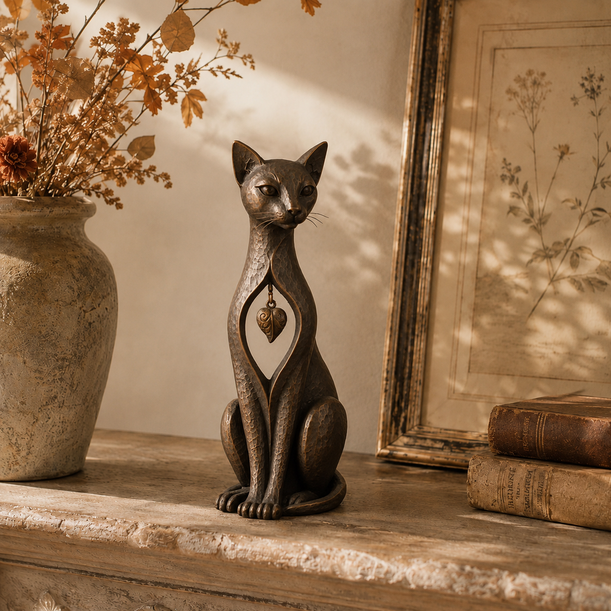 🐱 Heritage Heart Sphynx Cat Sculpture – Vintage Bronze Home Décor ✨