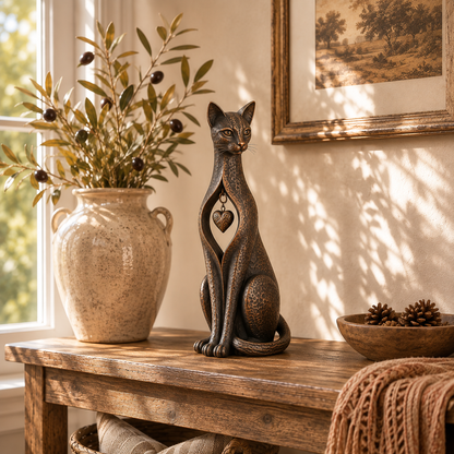 🐱 Heritage Heart Sphynx Cat Sculpture – Vintage Bronze Home Décor ✨