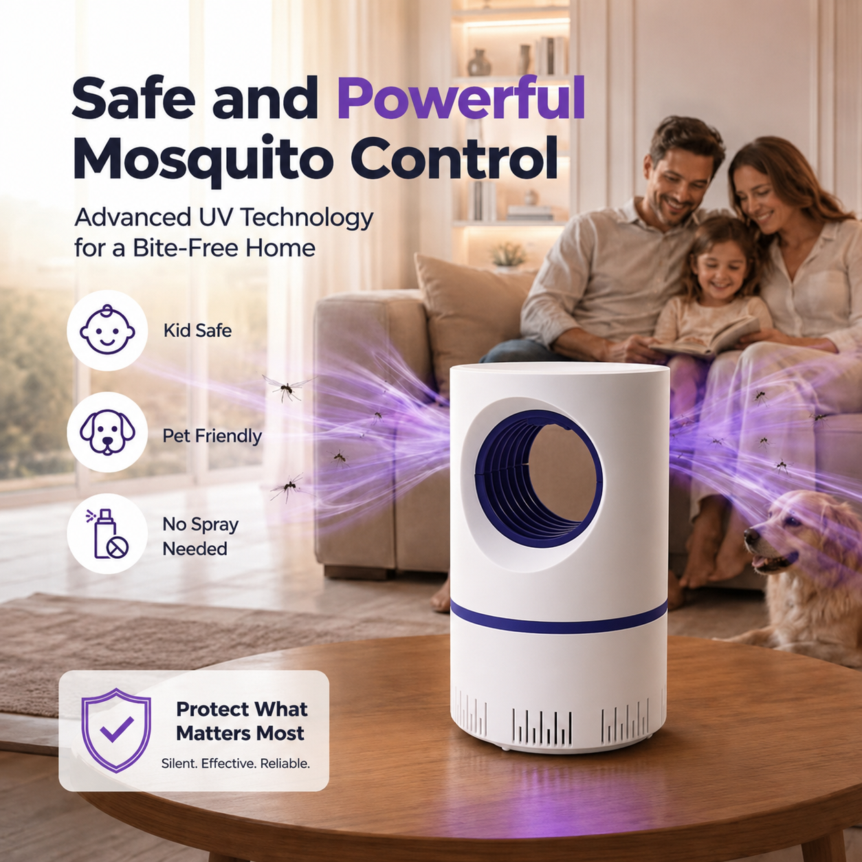 UV mosquito trap—ultra-quiet (30 dB), powerful suction, chemical-free, and safe for children and pets.