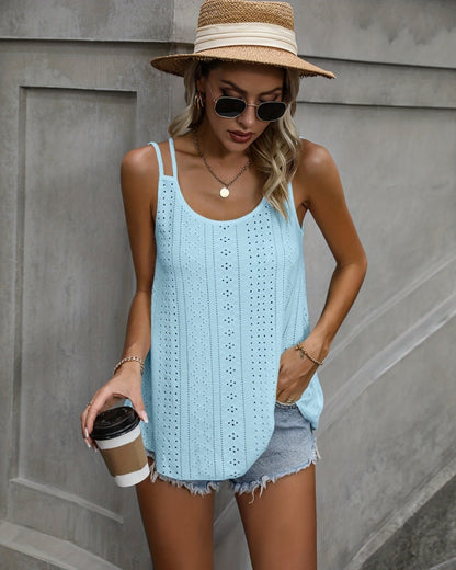 Women's Spaghetti Strap Camisoles Eyelet Embroidery Scoop Neck Tank Tops