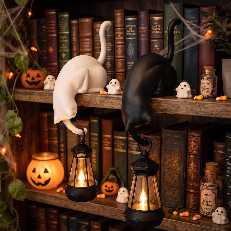 Black and White Cat-Shaped Book-Style Lantern Stand