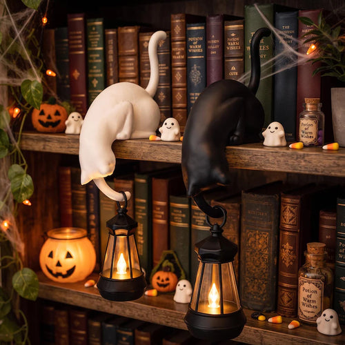 Black and White Cat-Shaped Book-Style Lantern Stand
