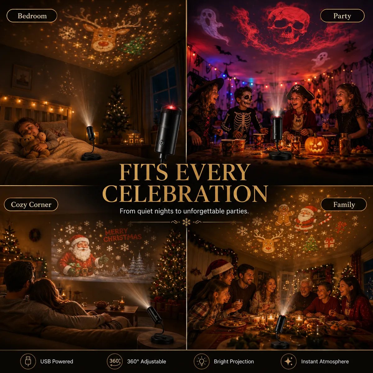 🎄👻 ✨Plug & Play HD Holiday Projector for Christmas & Halloween Decor