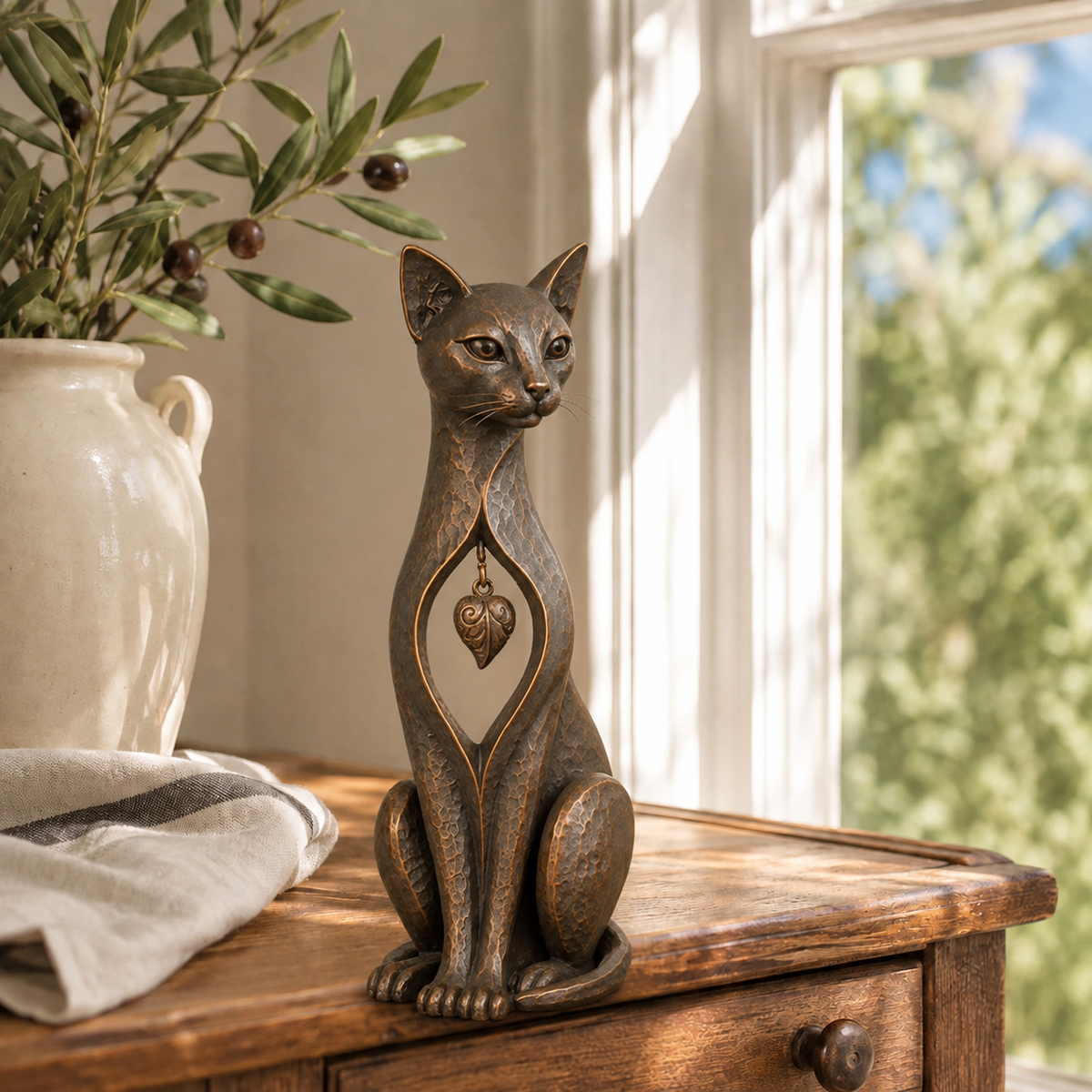 🐱 Heritage Heart Sphynx Cat Sculpture – Vintage Bronze Home Décor ✨
