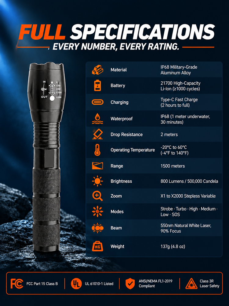 [Night Vision Flashlight] Ultra-Bright White Laser Zoomable Flashlight