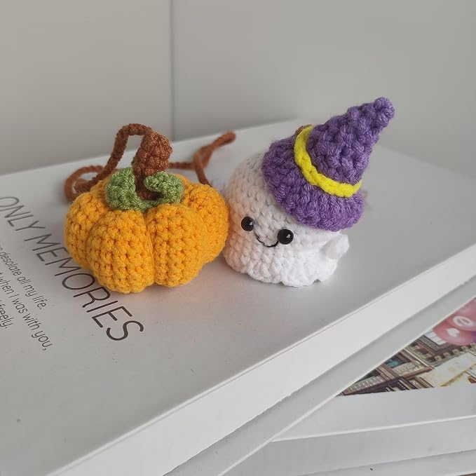 Handmade Halloween Hanging Ornament Crochet Pumpkin and Ghost