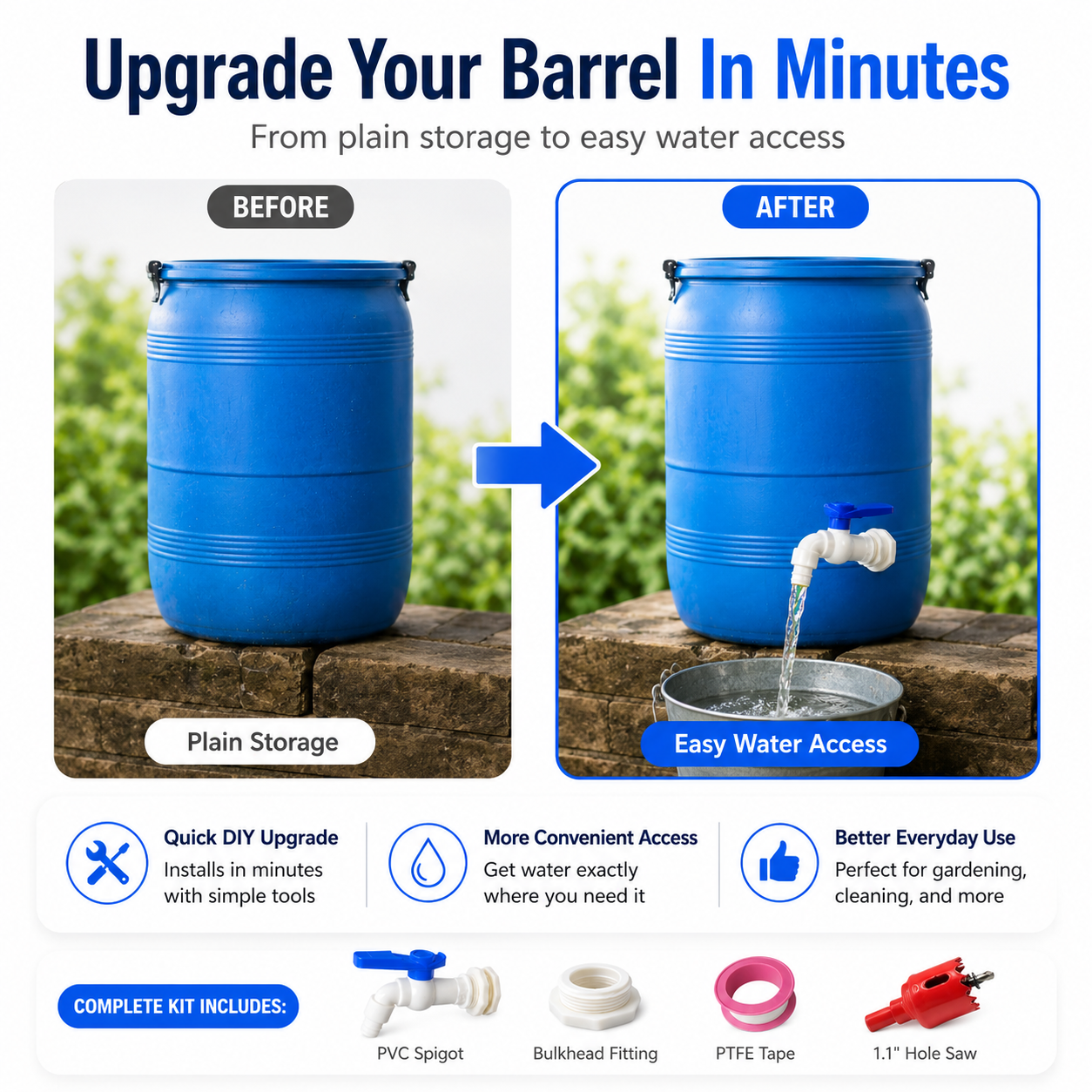 Rain Barrel Spigot Kit | Leak-Proof PVC Faucet with Complete Installation Set