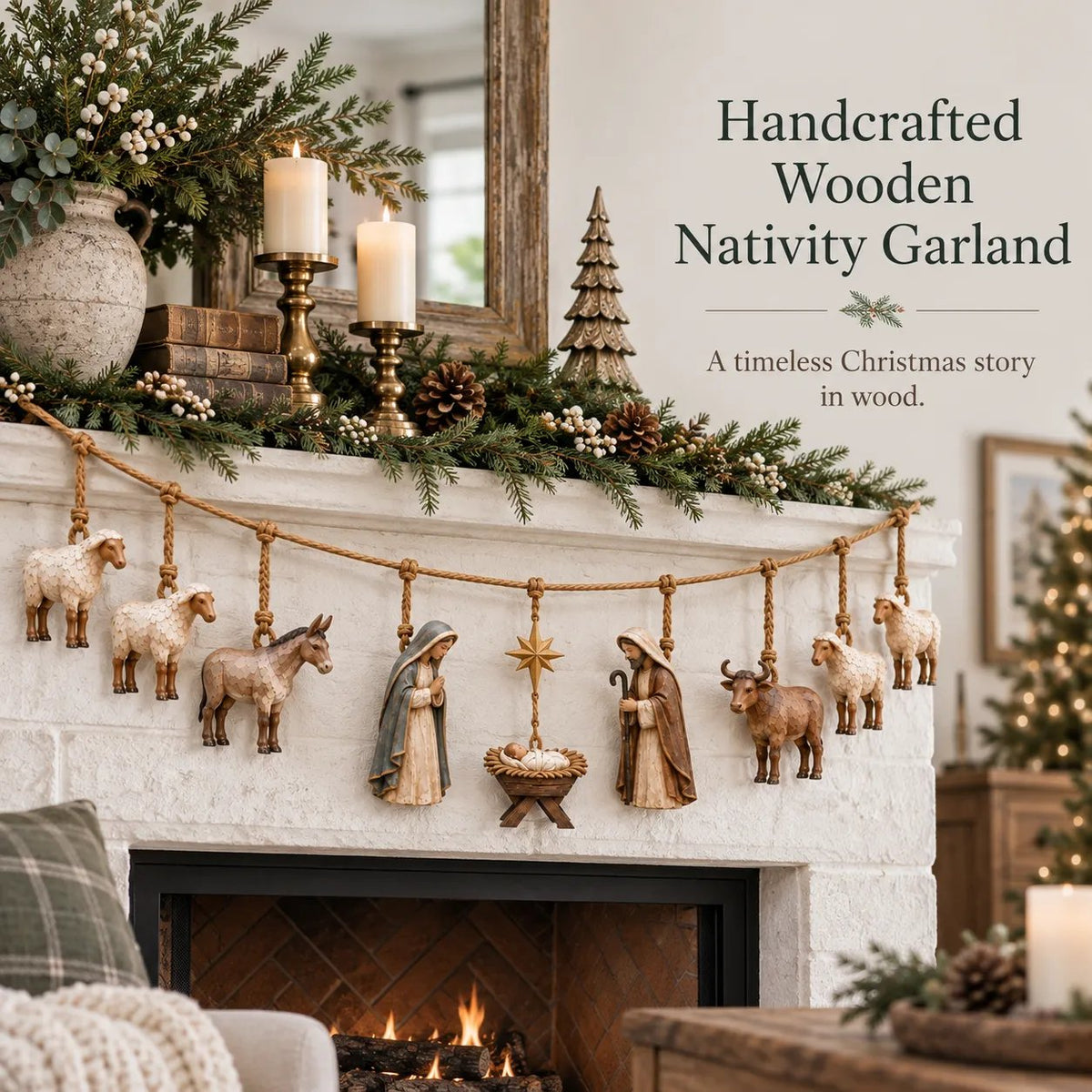 🎄 Handcrafted Wooden Nativity Garland – A Timeless Touch of Christmas Charm ✨