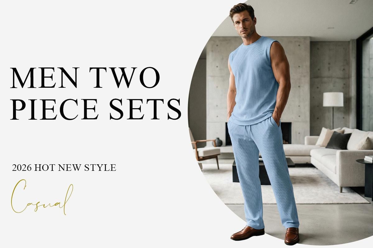 ⚡Hot Sales 49% OFF🔥Men's 2 Piece Rib Knit Sweatsuit Summer Sleeveless Tank Top Baggy Wide Leg Pants Set