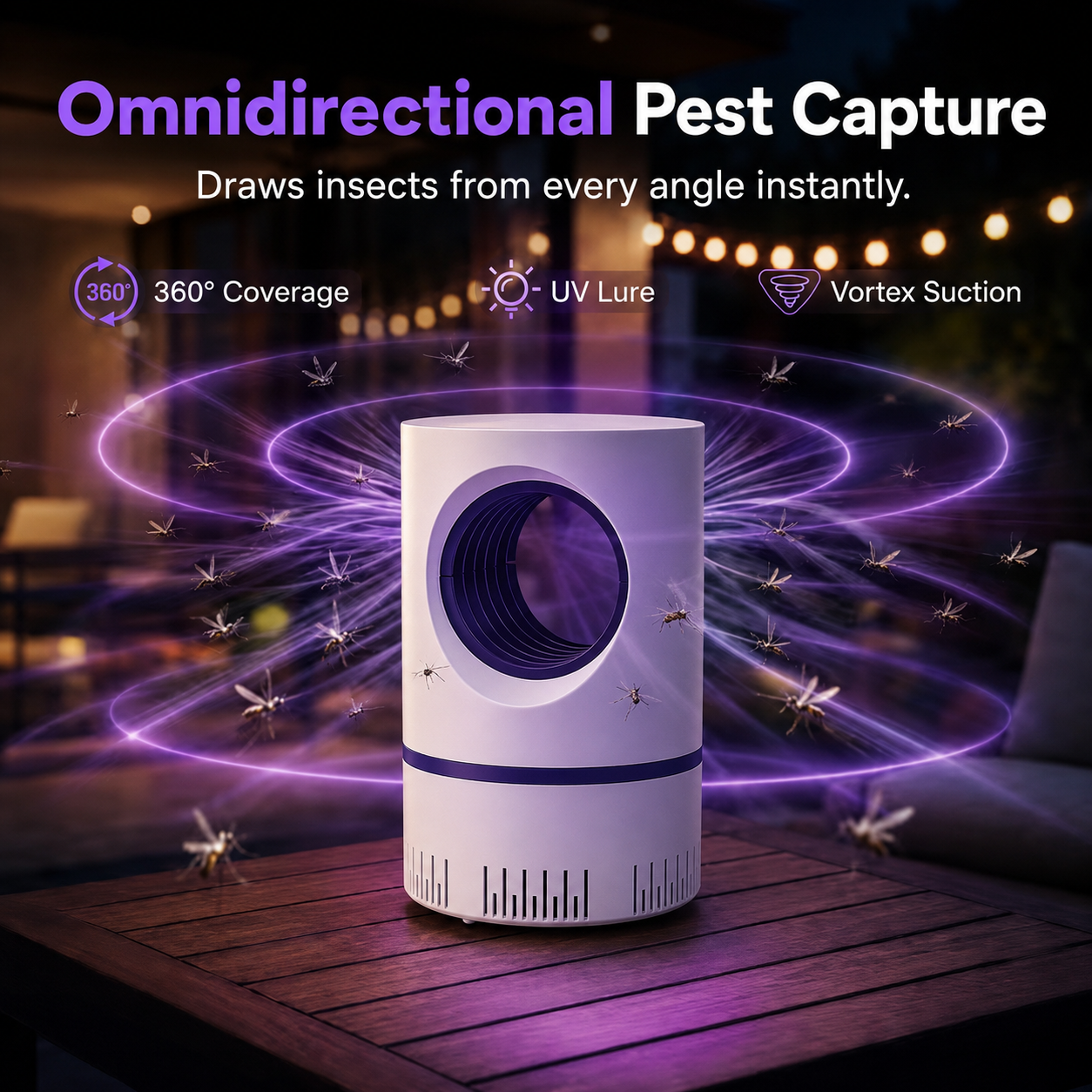 UV mosquito trap—ultra-quiet (30 dB), powerful suction, chemical-free, and safe for children and pets.