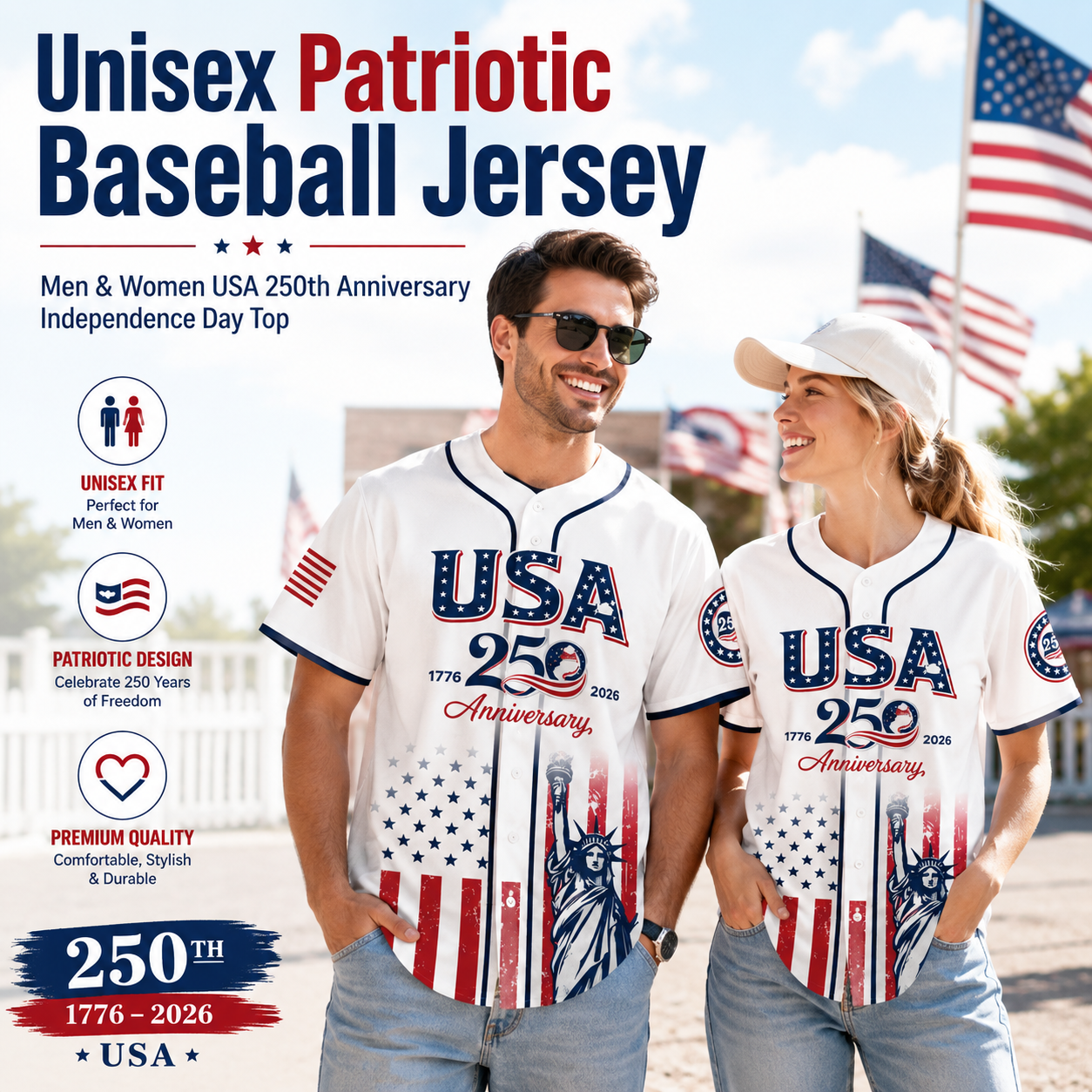 USA 250th Anniversary Baseball Jersey 1776–2026 Patriotic Shirt