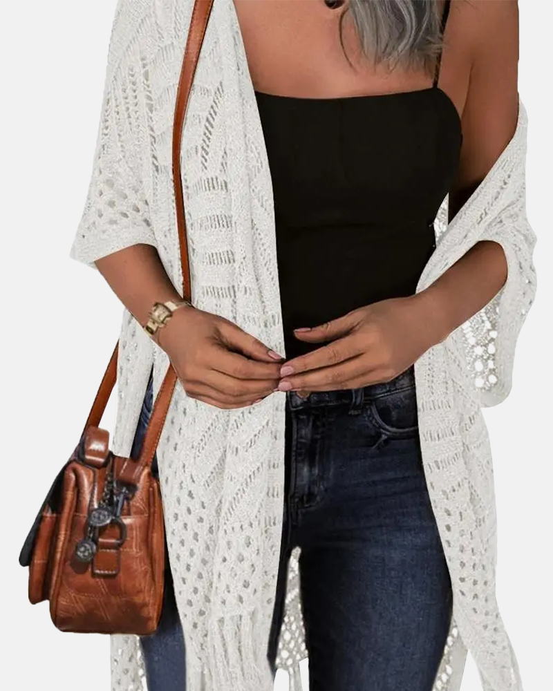 Oversized Crochet Cardigan – Boho Tassel Kimono