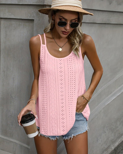 Women's Spaghetti Strap Camisoles Eyelet Embroidery Scoop Neck Tank Tops