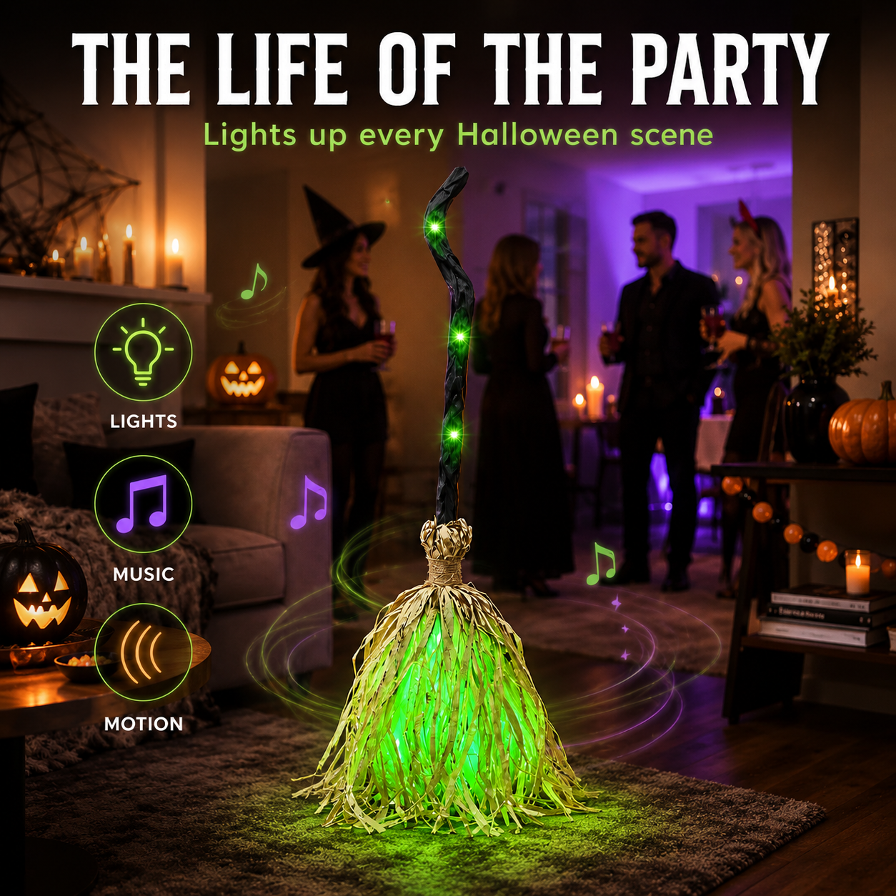 Christmas Decoration: Witch's Broom | Movable, voice/touch controlled, glowing, emits eerie sound effects, dances.