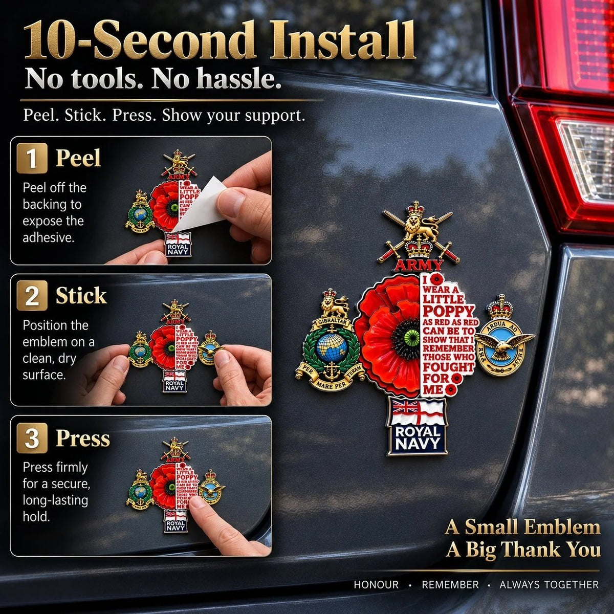 🌺👑 British Armed Forces “Lest We Forget” Remembrance Poppy Tribute Metal Car Emblem | 7–8-Inch 3D Metal Design with Raised Military-Inspired Details & Heavy-Duty Adhesive Backing 🇬🇧