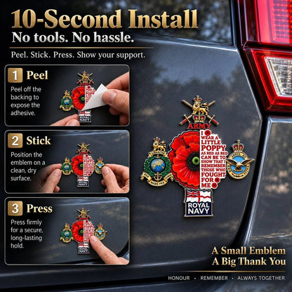 🌺👑 British Armed Forces “Lest We Forget” Remembrance Poppy Tribute Metal Car Emblem | 7–8-Inch 3D Metal Design with Raised Military-Inspired Details & Heavy-Duty Adhesive Backing 🇬🇧