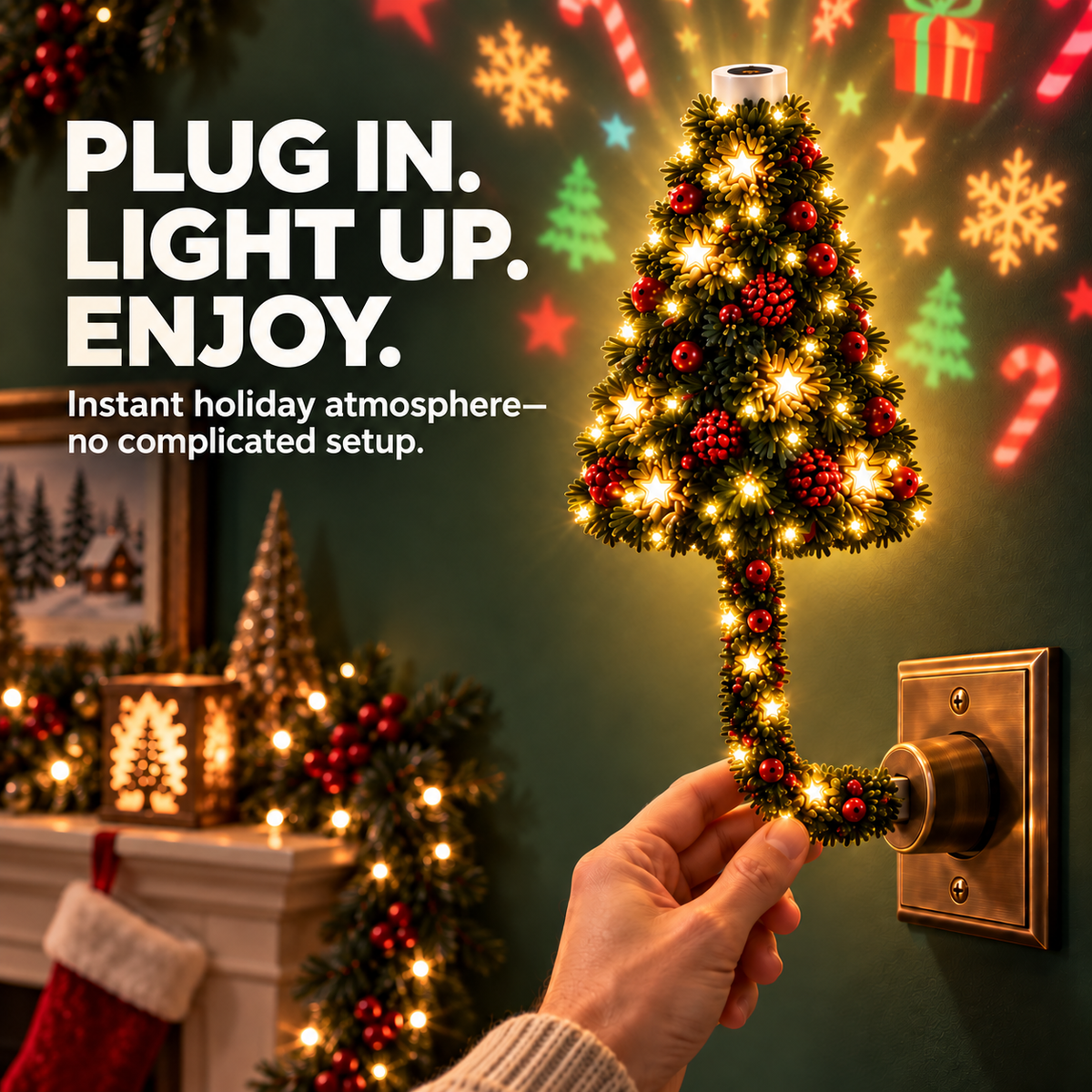 Hand plugging Christmas tree projection night light into a wall outlet