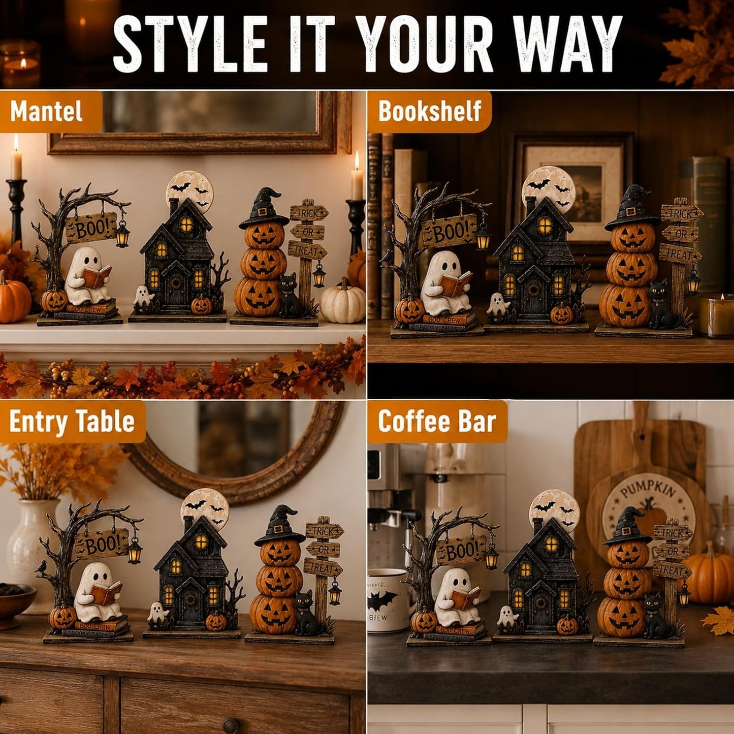 🎃 3-Piece Halloween Tabletop Decor Set – Spooky Centerpiece Collection