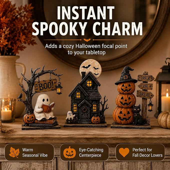 🎃 3-Piece Halloween Tabletop Decor Set – Spooky Centerpiece Collection