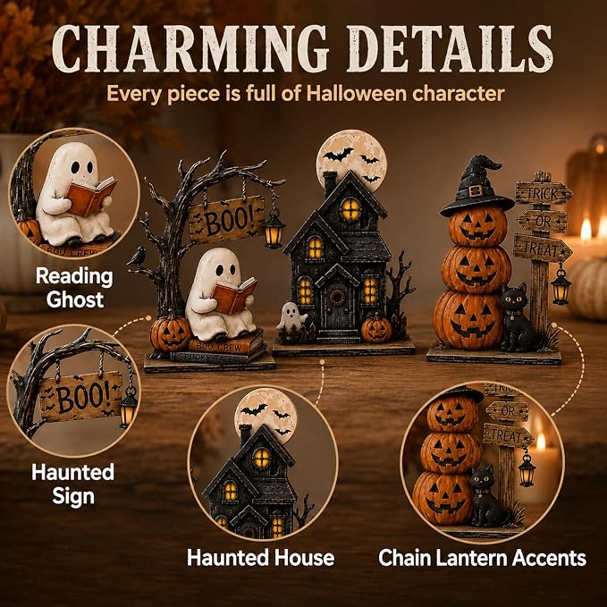 🎃 3-Piece Halloween Tabletop Decor Set – Spooky Centerpiece Collection