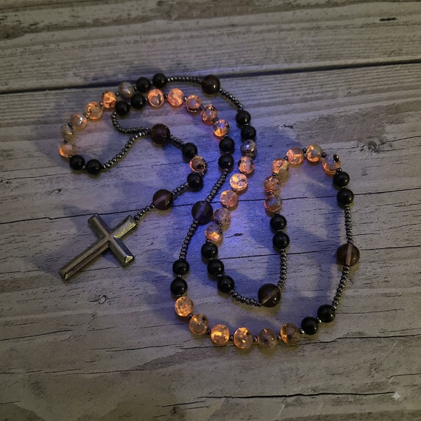 ✝️ Obsidian & Yooperlite Rosary Necklace – UV Glow Cross Jewelry ✨