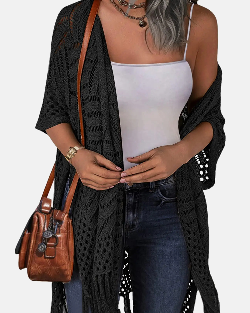 Oversized Crochet Cardigan – Boho Tassel Kimono