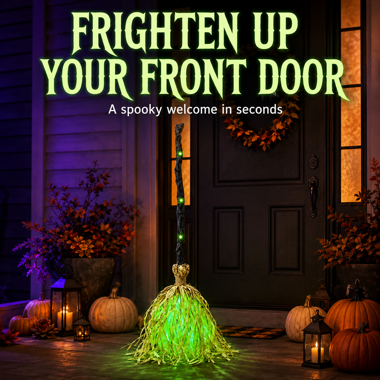 Christmas Decoration: Witch's Broom | Movable, voice/touch controlled, glowing, emits eerie sound effects, dances.
