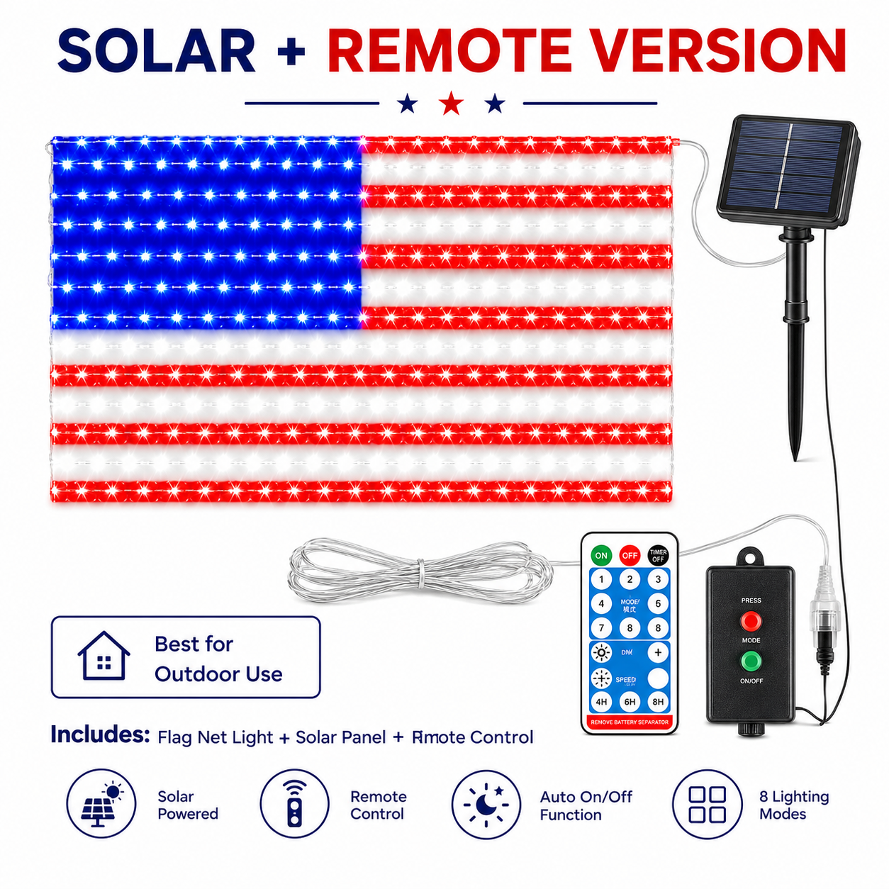 Outdoor solar American flag light, 6.5 ft x 3.28 ft, ultra-bright; suitable for Independence Day, National Day, and Memorial Day decorations; waterproof solar outdoor light.