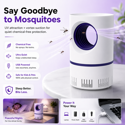 UV mosquito trap—ultra-quiet (30 dB), powerful suction, chemical-free, and safe for children and pets.