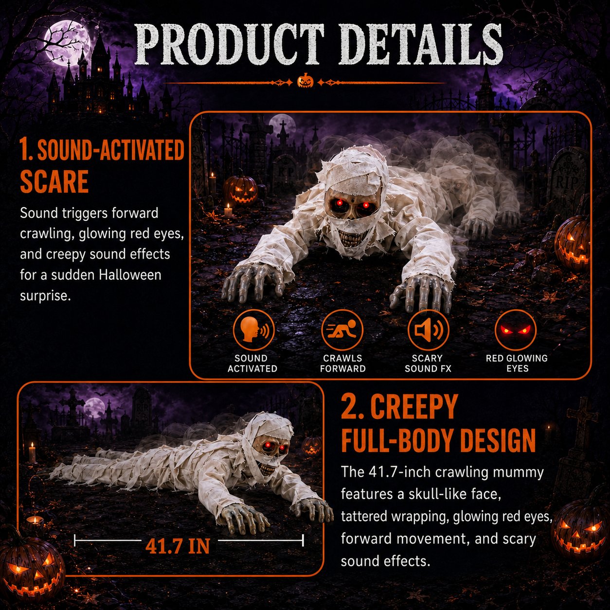 🧟 Animated Crawling Mummy Halloween Prop – Sound-Activated Scare With Red Eyes 🎃