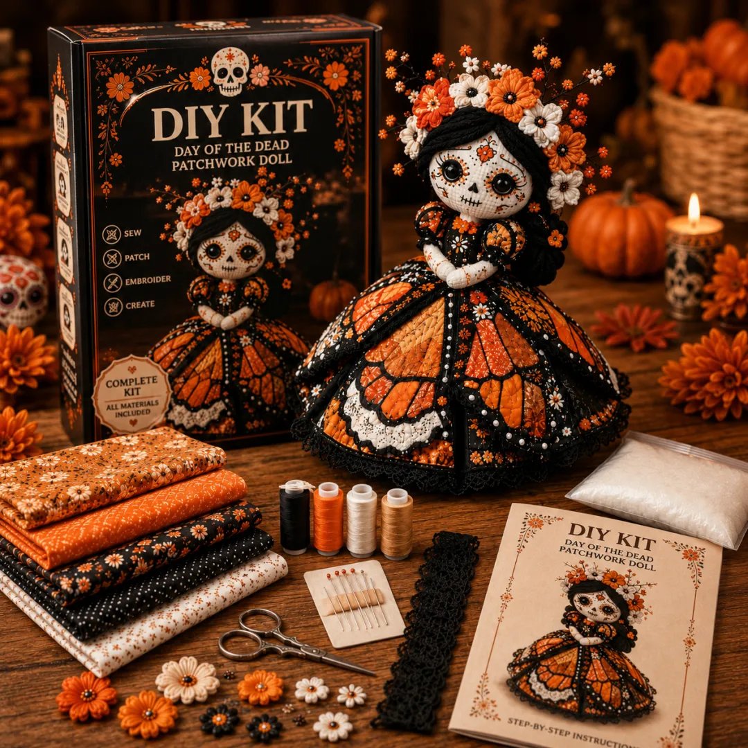 Day of the Dead Patchwork Doll DIY Sewing Kit – Handmade Fabric Doll Making Kit with Floral Details