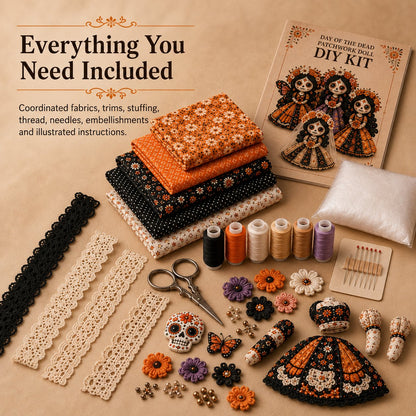 Day of the Dead Patchwork Doll DIY Sewing Kit – Handmade Fabric Doll Making Kit with Floral Details