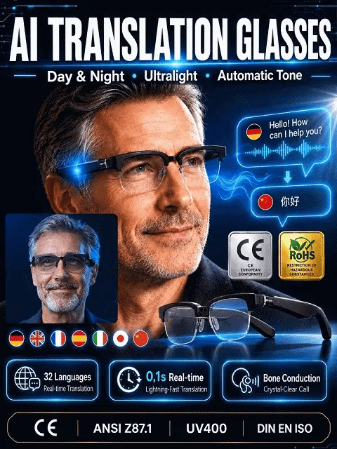 🔥 AI Smart Glasses with Real-Time Translation, Smart Zoom & Solar-Powered Color-Changing Lenses 👓