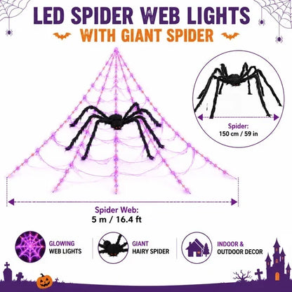 🔥🕷️250-LED Spider Web Lights with Giant Black Spider – 8 Modes & Remote