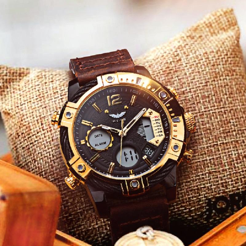 ⏱️ Men’s Industrial Dual-Time Watch – Vintage Leather Strap & Multi-Function Dial