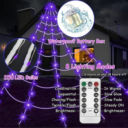 🔥🕷️250-LED Spider Web Lights with Giant Black Spider – 8 Modes & Remote