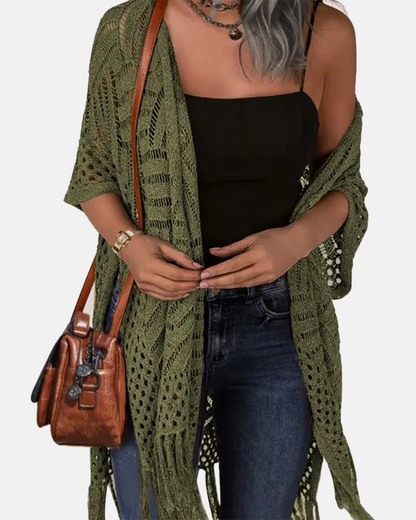 Oversized Crochet Cardigan – Boho Tassel Kimono