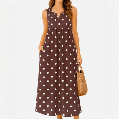 Polka Pockets Long Dress Sleeveless Berry Garden Sleeveless Maxi Dress Casual Summer Vacation Dress Womenswear Fitted Vneck