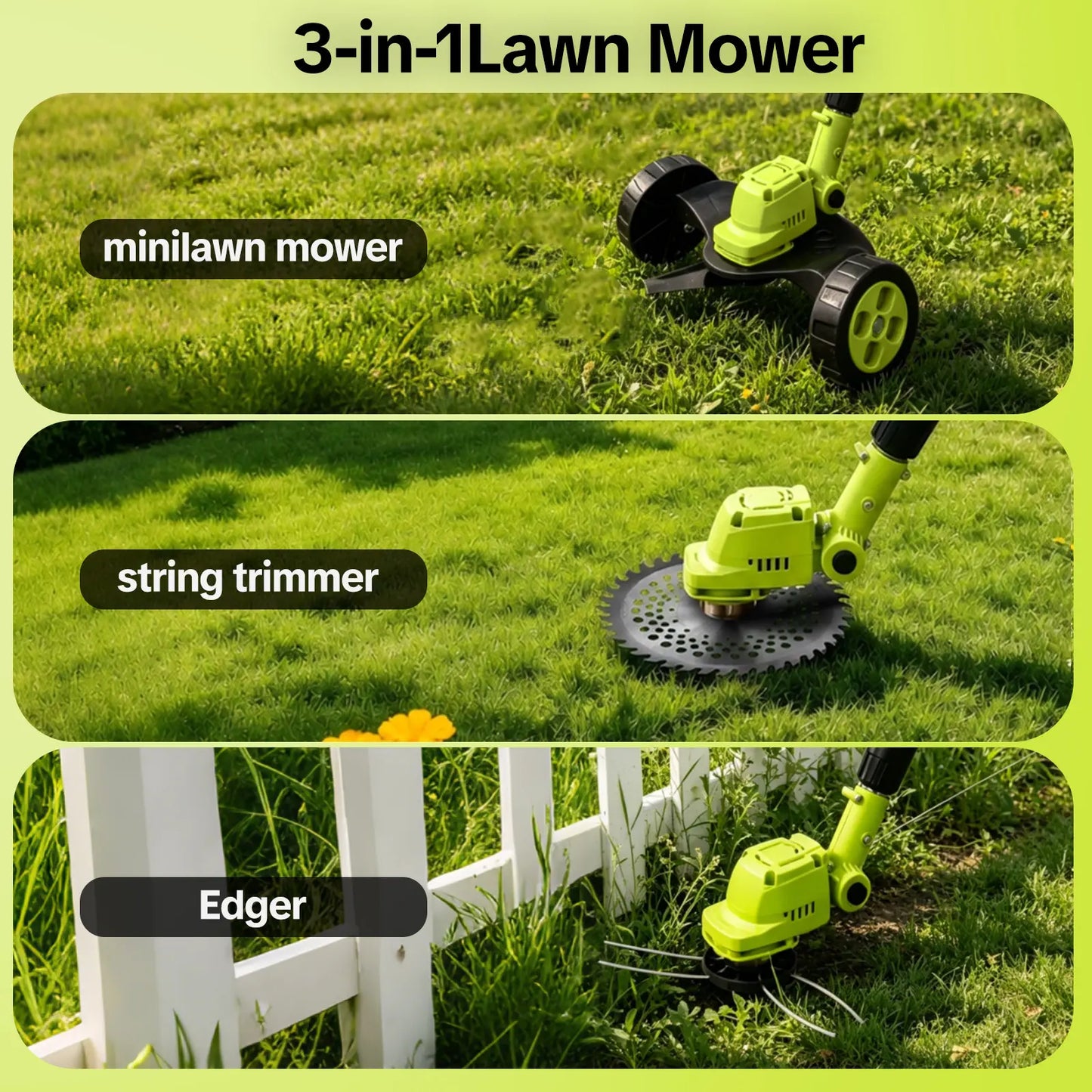 🌿 21V Cordless 3-in-1 Grass Trimmer – Edger & Mini Mower Kit